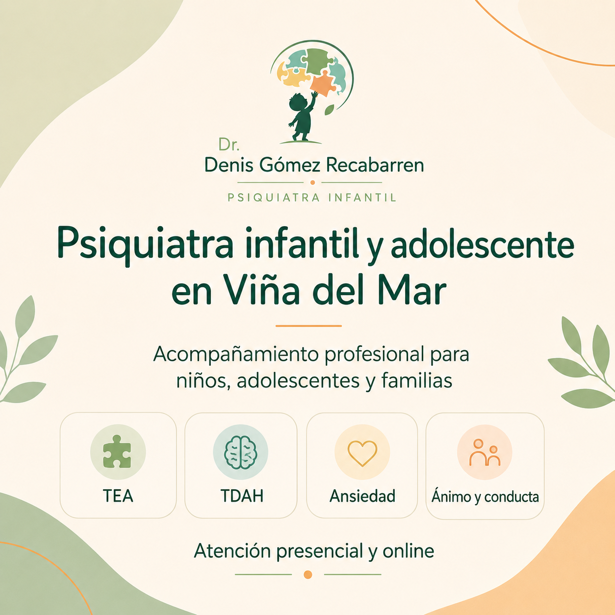 Dr. Denis Gómez Recabarren, psiquiatra infantil y adolescente en Viña del Mar — atención presencial y online para niños, adolescentes y familias (TEA, TDAH, ansiedad, ánimo y conducta)